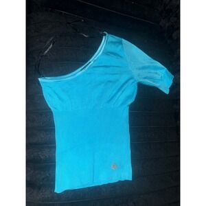 Bebe Blue Ribbed Knit Top Women's Medium Y2K Short Sleeve Fitted